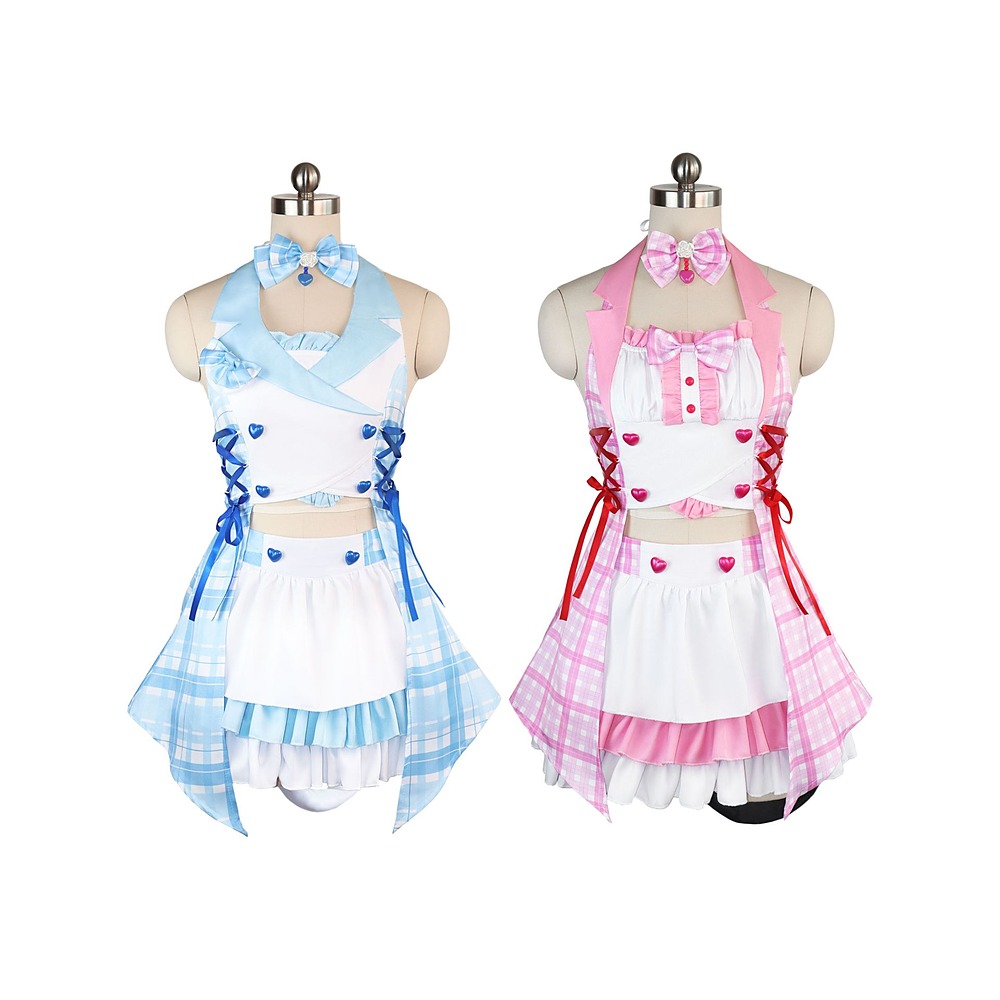 Chocola and Vanilla twin maid dress costumes from Nekopara, pink and blue plaid sets side by side