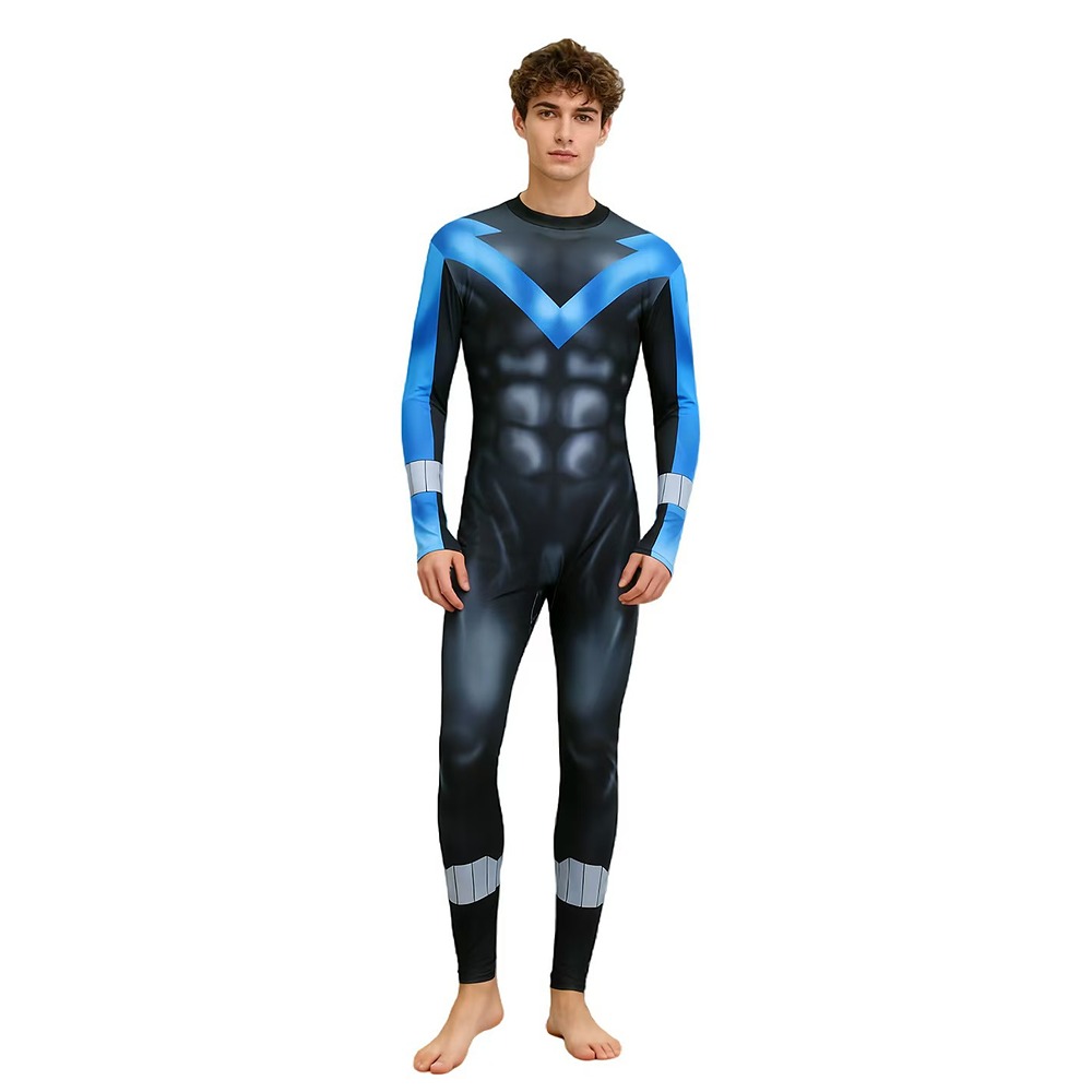 Nightwing Light Blue Stripe bodysuit with a blue shoulder V and silver forearm and lower leg bands
