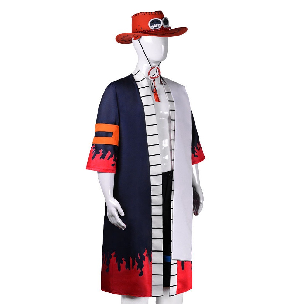 Portgas D. Ace navy flame print kimono costume with orange cowboy hat, white sash and black shorts