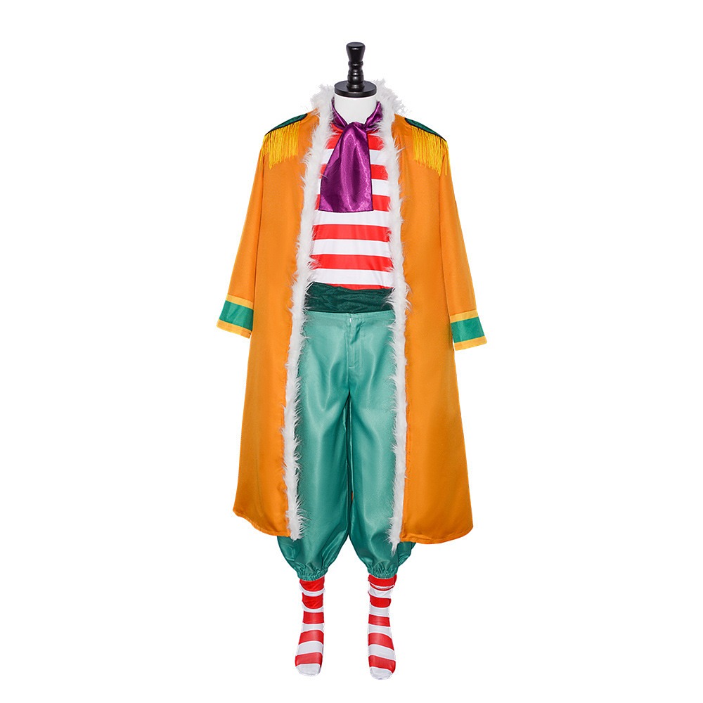 One Piece Buggy the Clown costume with orange coat, faux fur trim, striped shirt and green pants