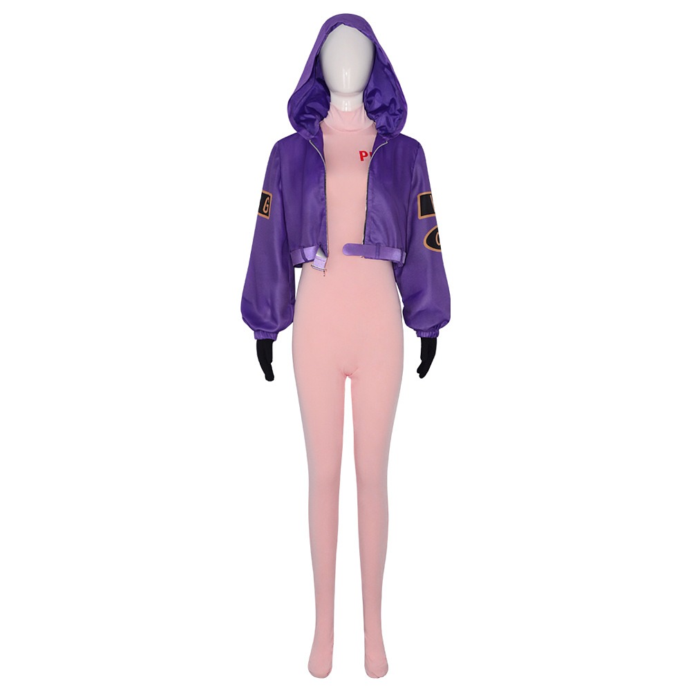 One Piece Egghead Lilith costume with purple cropped hooded jacket, pink bodysuit and black gloves
