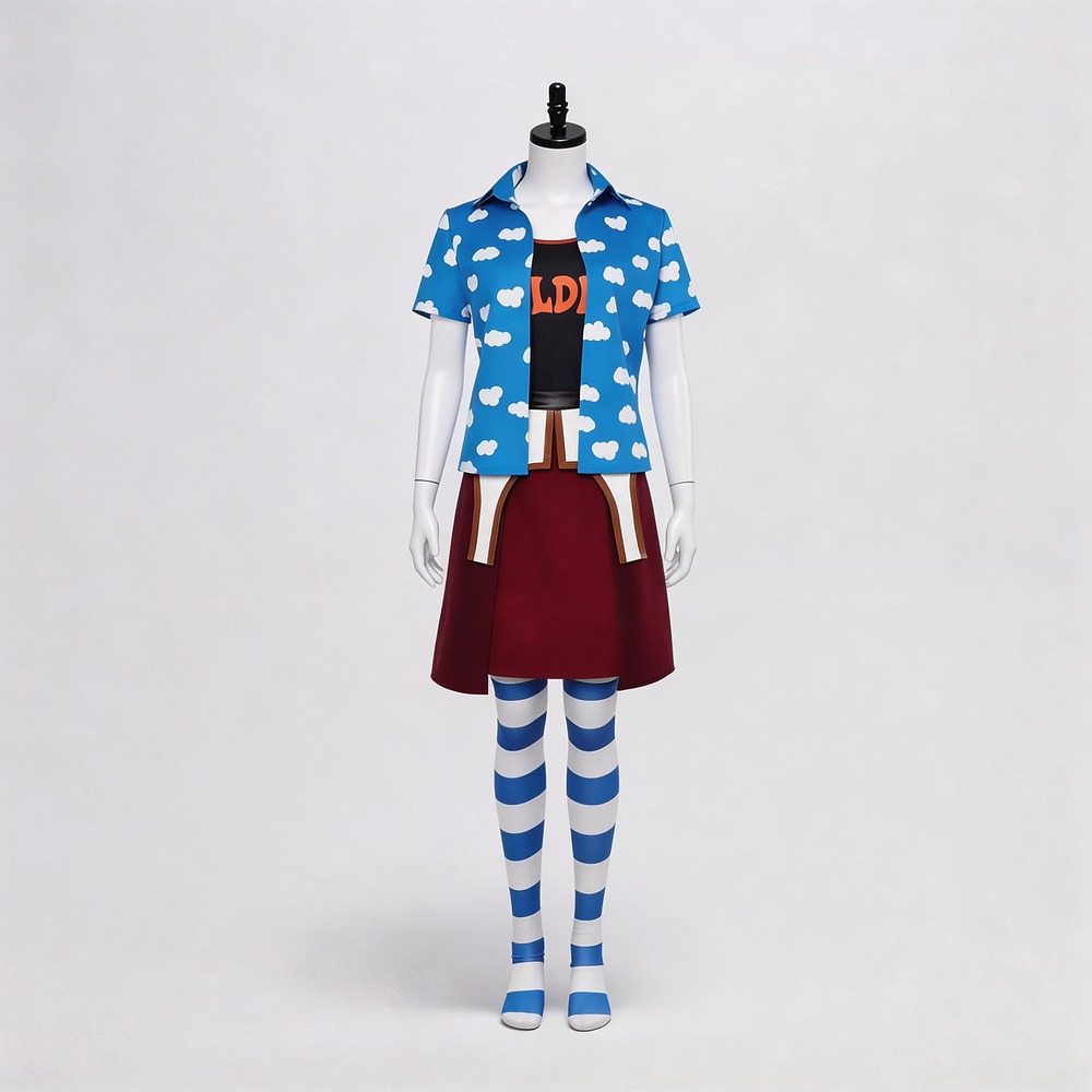 One Piece Ms. Golden Week cosplay outfit with blue cloud-print shirt and maroon skirt