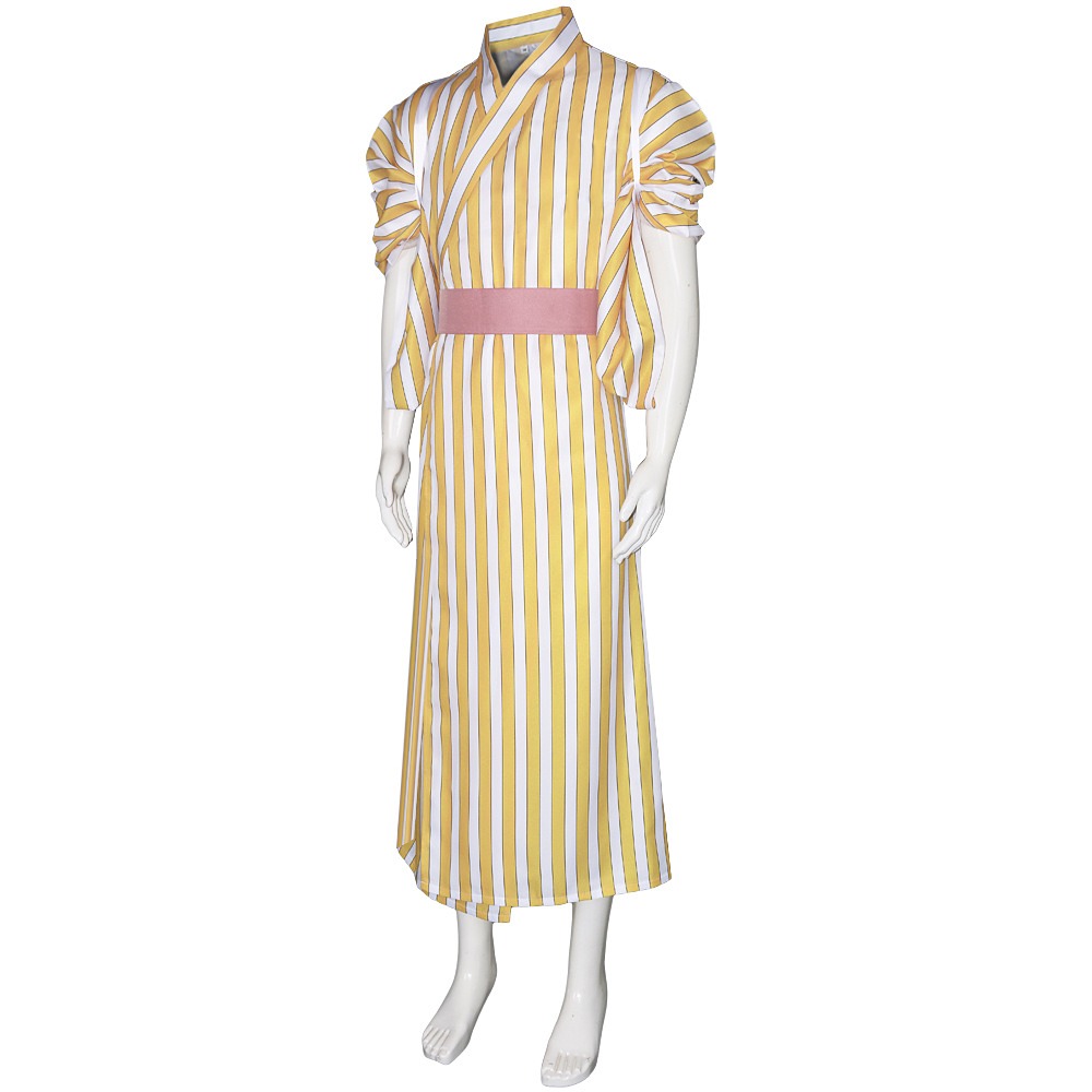 Sanji Wano Country cosplay costume with yellow and white striped yukata robe and pink obi belt