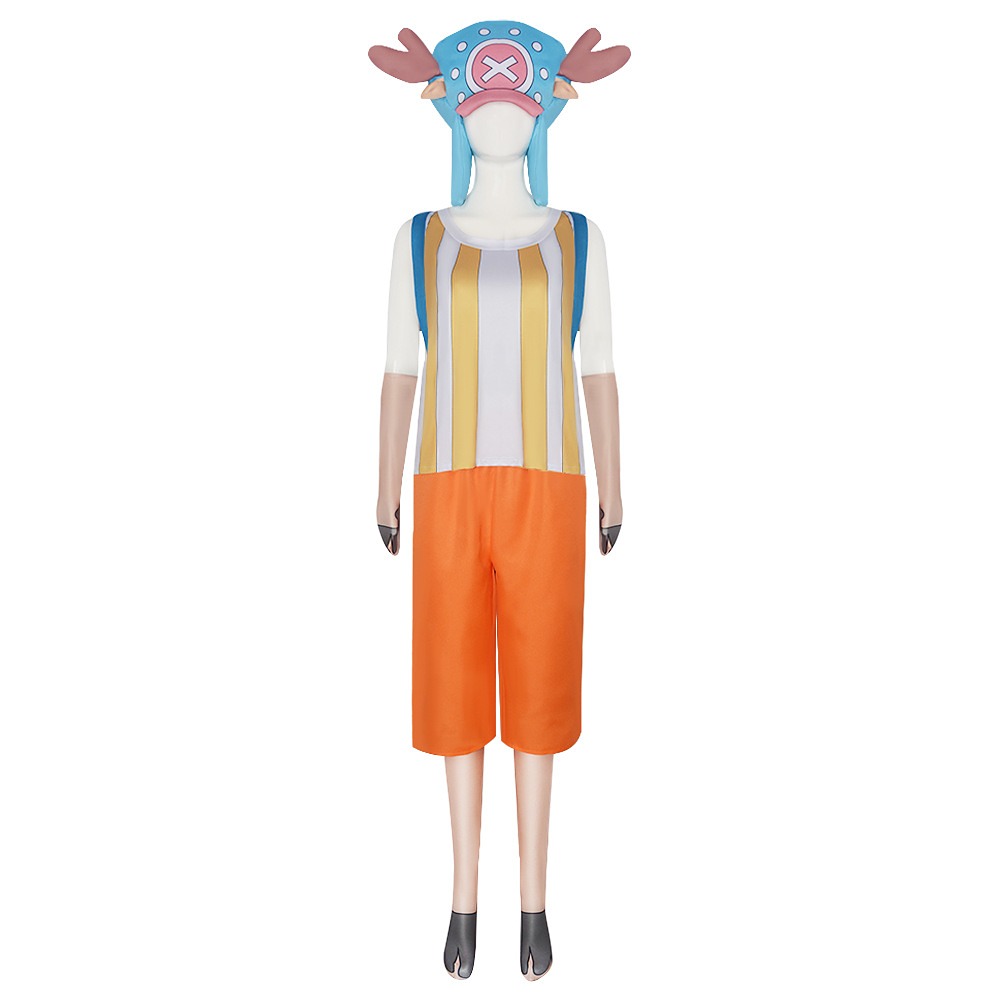 Tony Tony Chopper adult cosplay costume with striped tank top, orange shorts, antler hat, backpack, gloves and leg covers