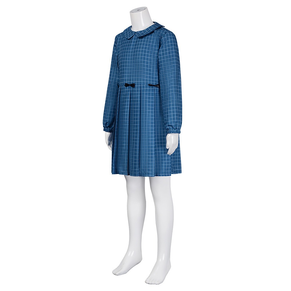 Orphan Esther blue check cosplay dress with Peter Pan collar and small black waist bow