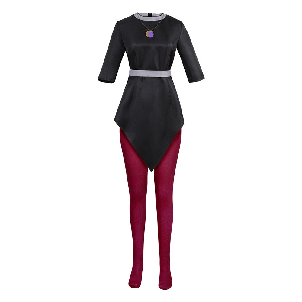 Amity Blight costume with black tunic, grey belt, maroon leggings and necklace
