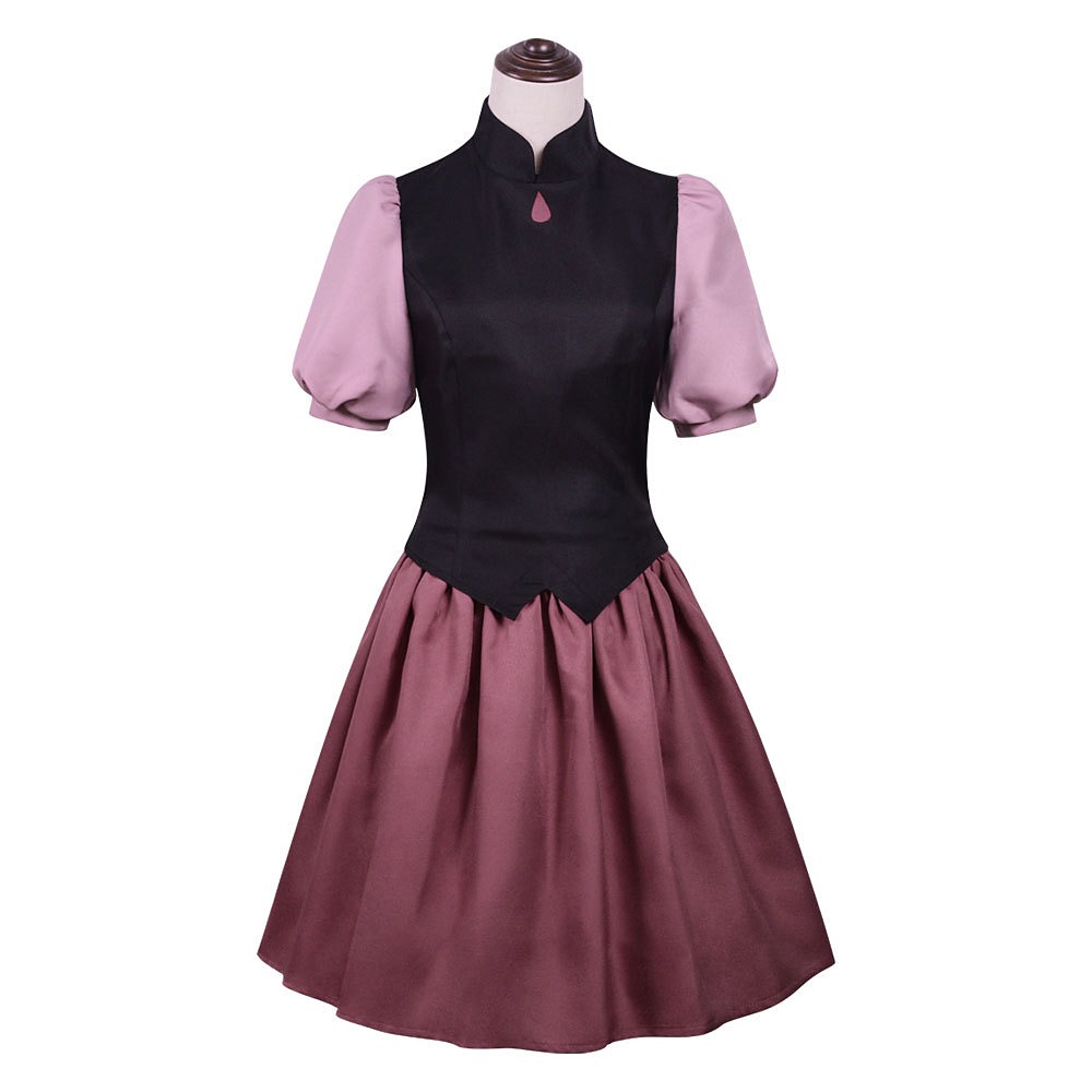 Amity Blight cosplay costume with a black top, pink puff sleeves and plum skirt