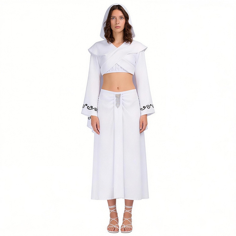 Padmé Amidala white hooded wrap crop top and long skirt with black embroidery