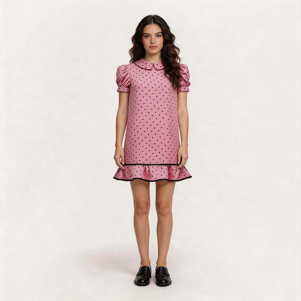 Peanuts Sally Brown pink polka dot cosplay dress with round collar, puff sleeves and ruffled hem