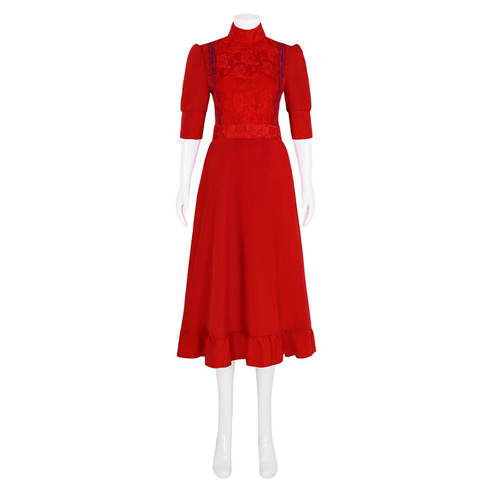 Pearl cosplay red midi dress with high lace-trimmed collar and puff sleeves