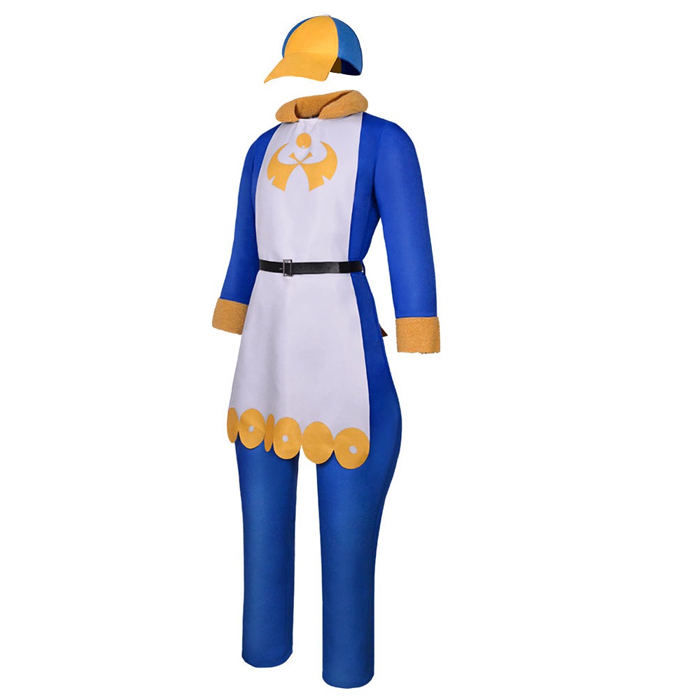 Volo cosplay costume with blue top and trousers, white apron, cap and belt