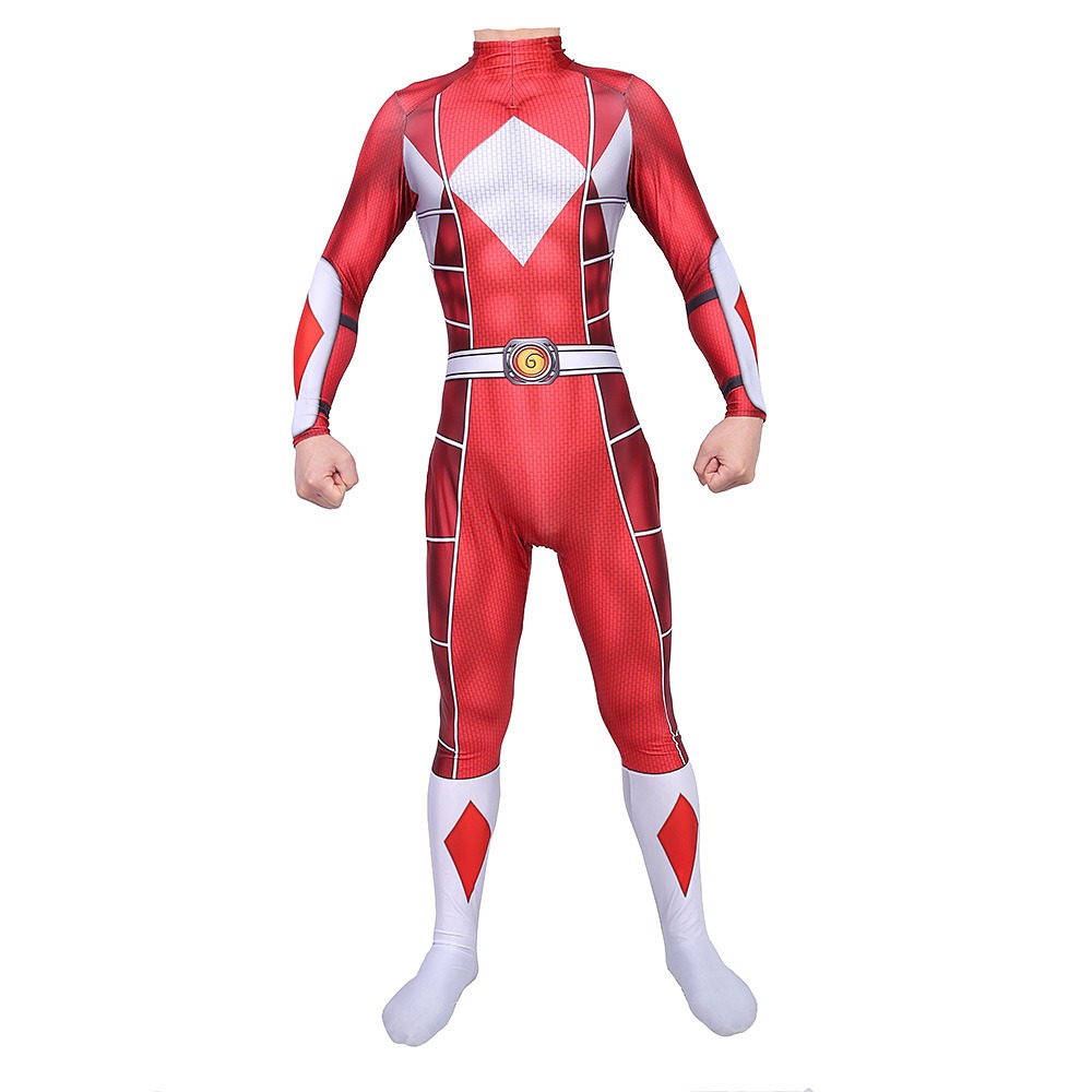 Mighty Morphin Red Ranger adult printed jumpsuit with white chest diamond and Morpher-style buckle
