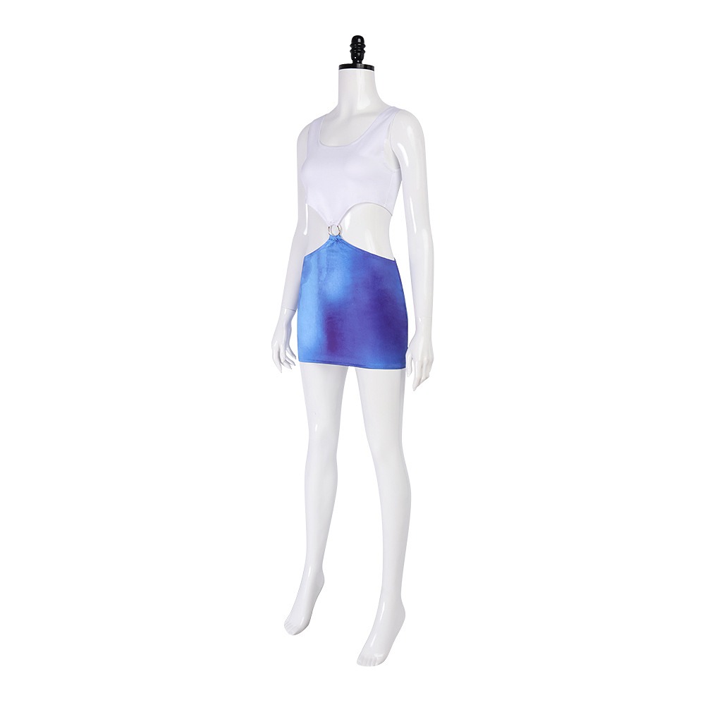 Pretty Woman Vivian Ward white and blue cut-out mini dress with a metal waist ring on a mannequin