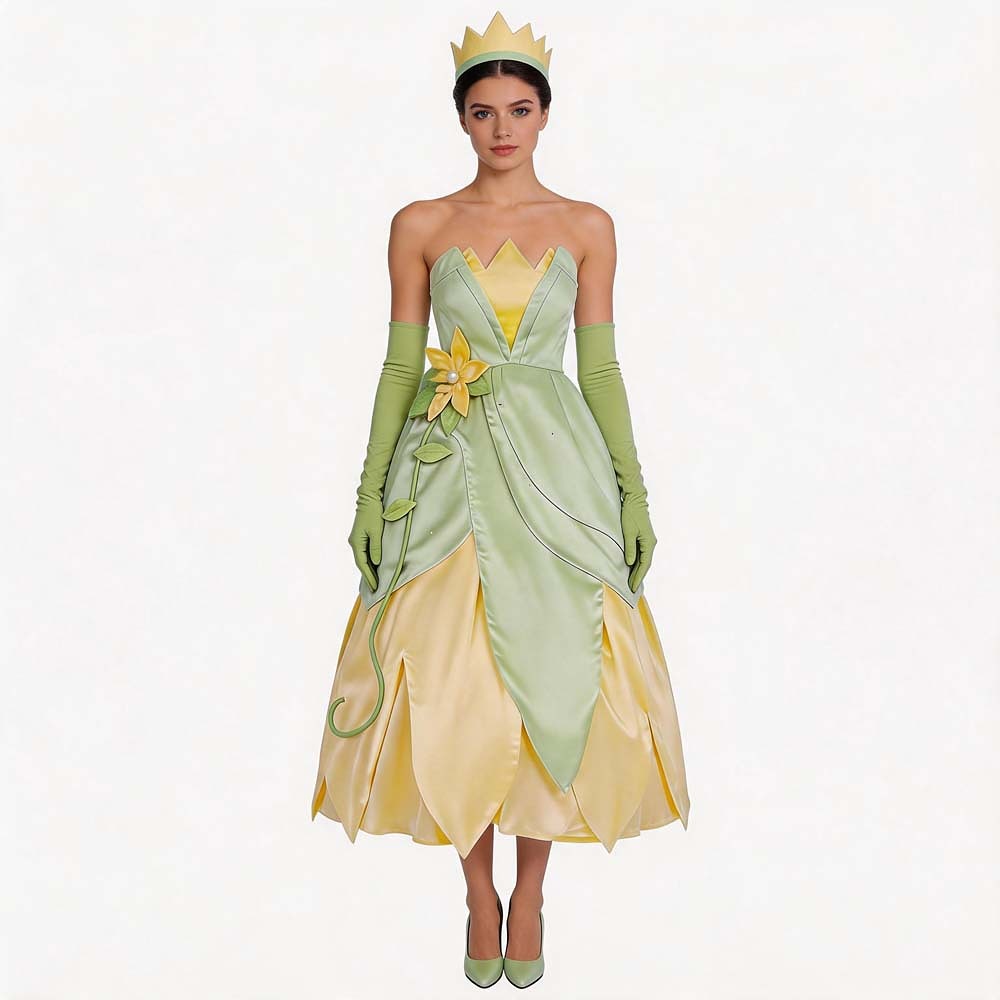 Tiana cosplay costume with green petal gown, yellow layered skirt, long gloves, crown and green rose