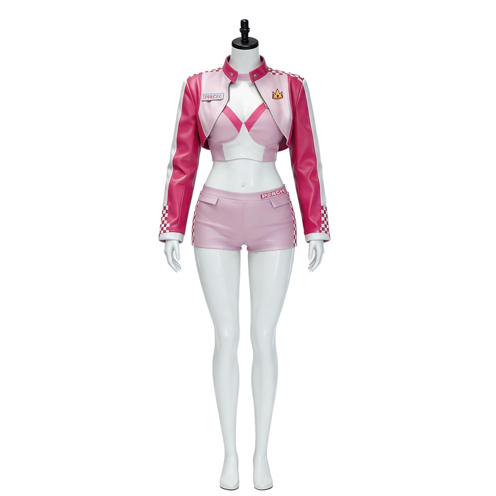Princess Peach racing costume with pink cropped moto jacket, halter bra top and shorts