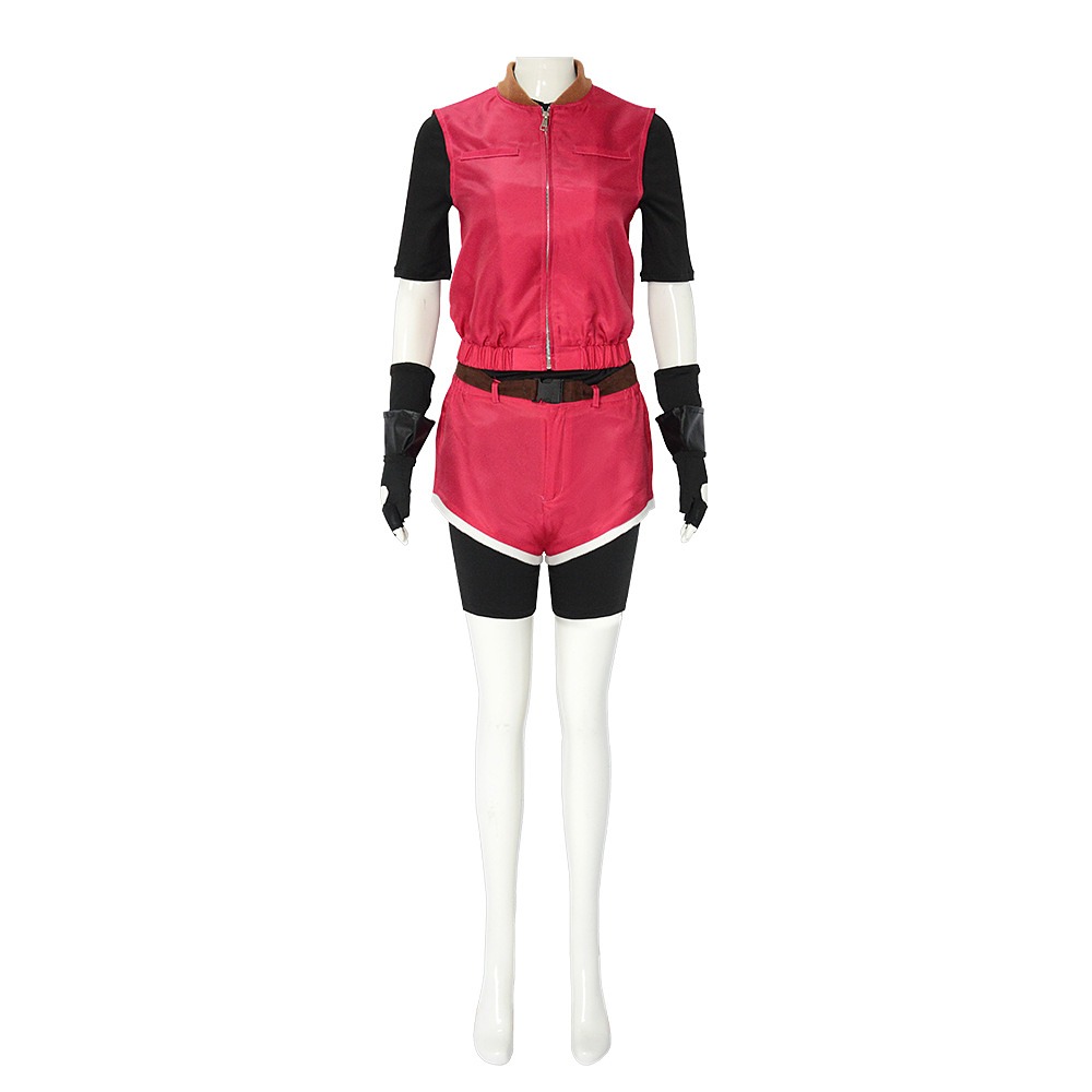 Resident Evil 2 Claire Redfield cosplay costume with pink zip vest, black T-shirt and layered shorts