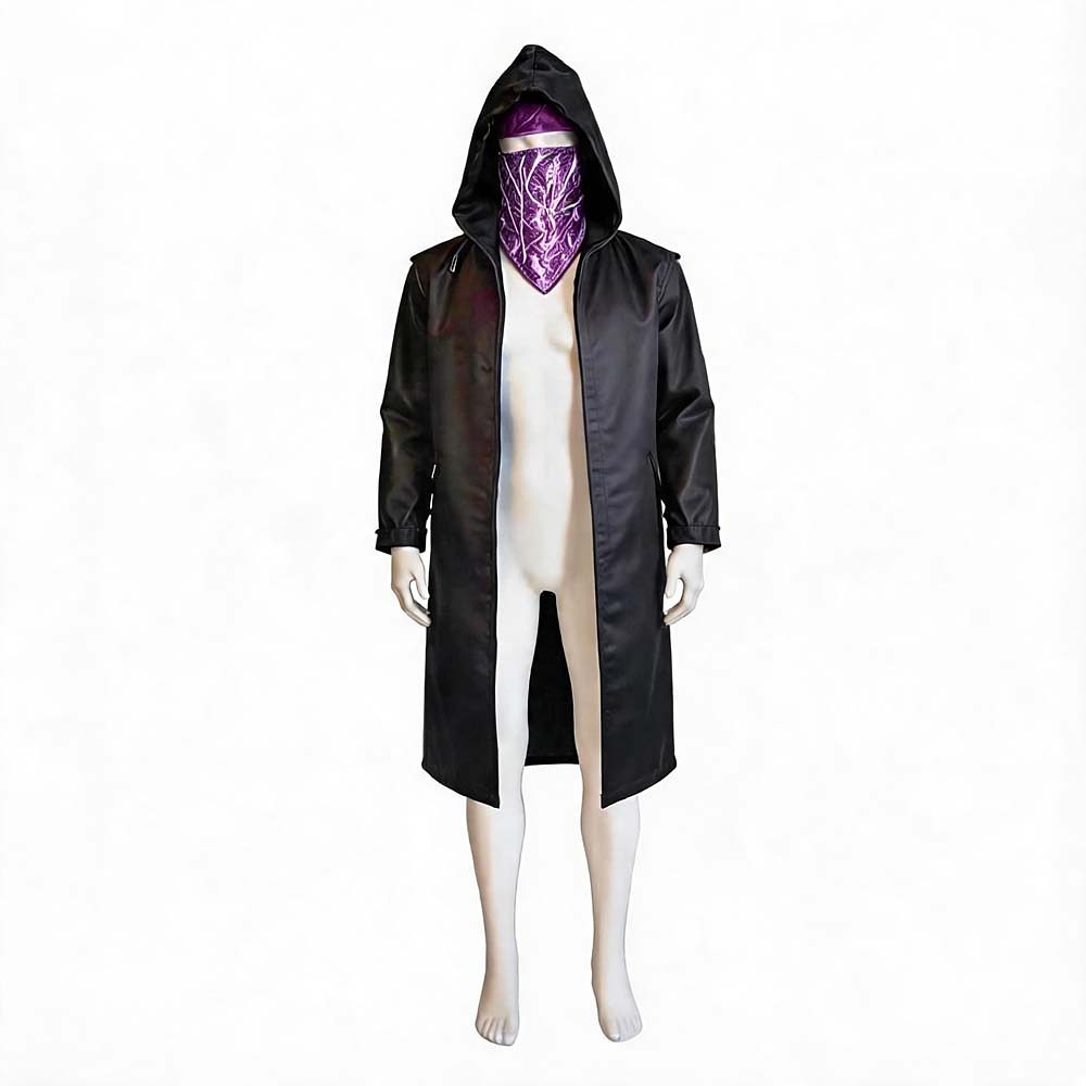 Resident Evil 4 Merchant cosplay costume with black hooded long coat and purple face mask