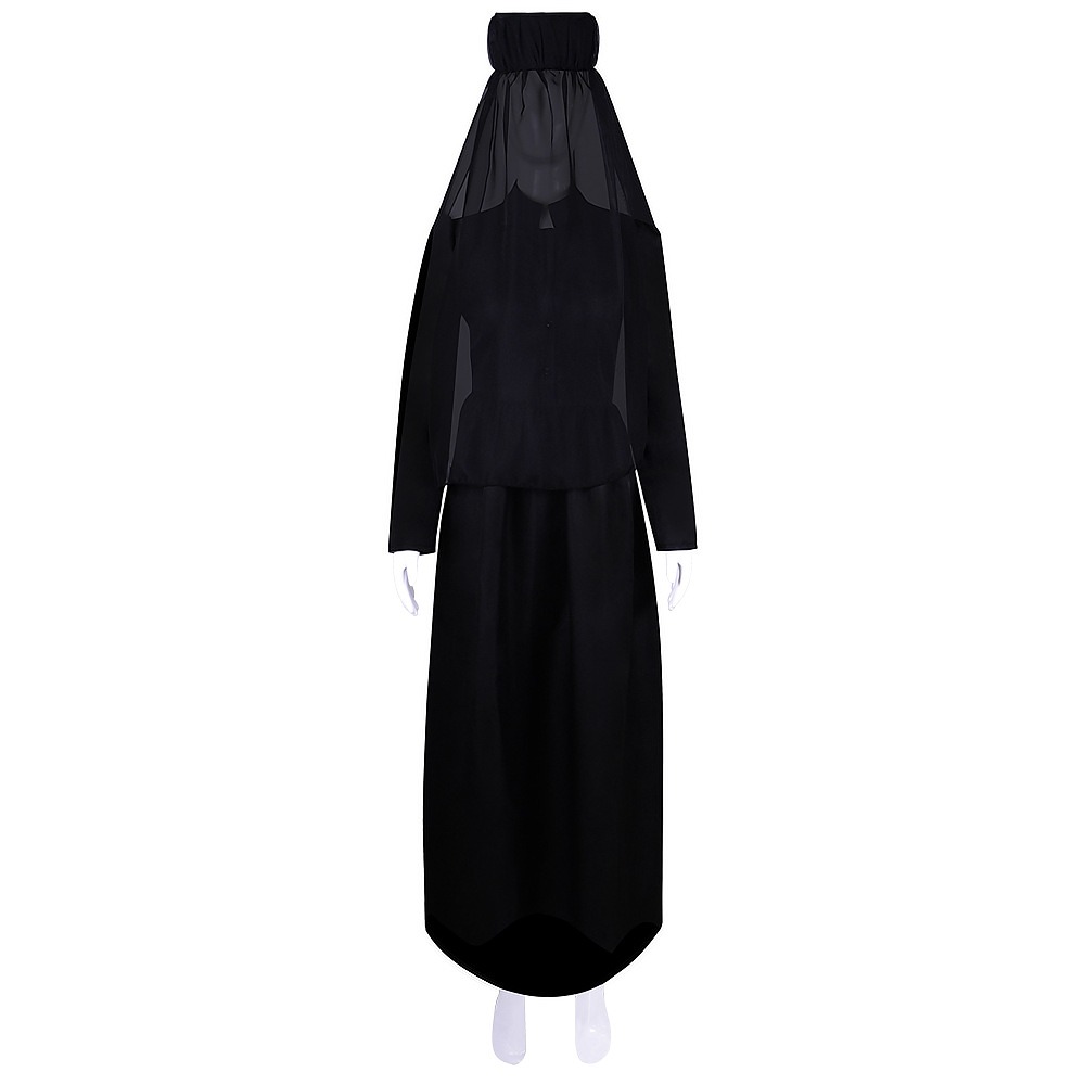 Donna Beneviento cosplay costume with black veiled headpiece, fitted jacket and long skirt