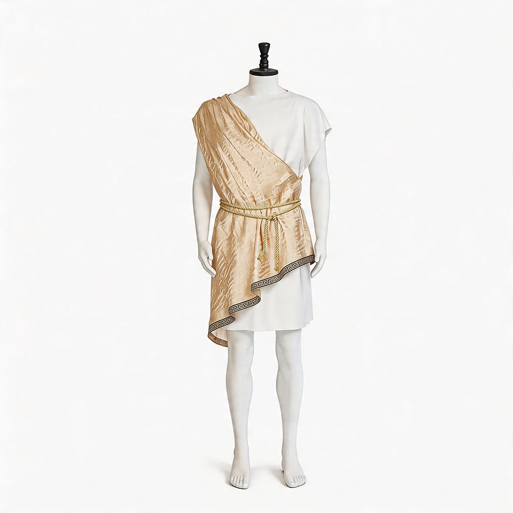 Men's white tunic with gold shoulder drape and belt, ancient Greek Roman warrior costume front view