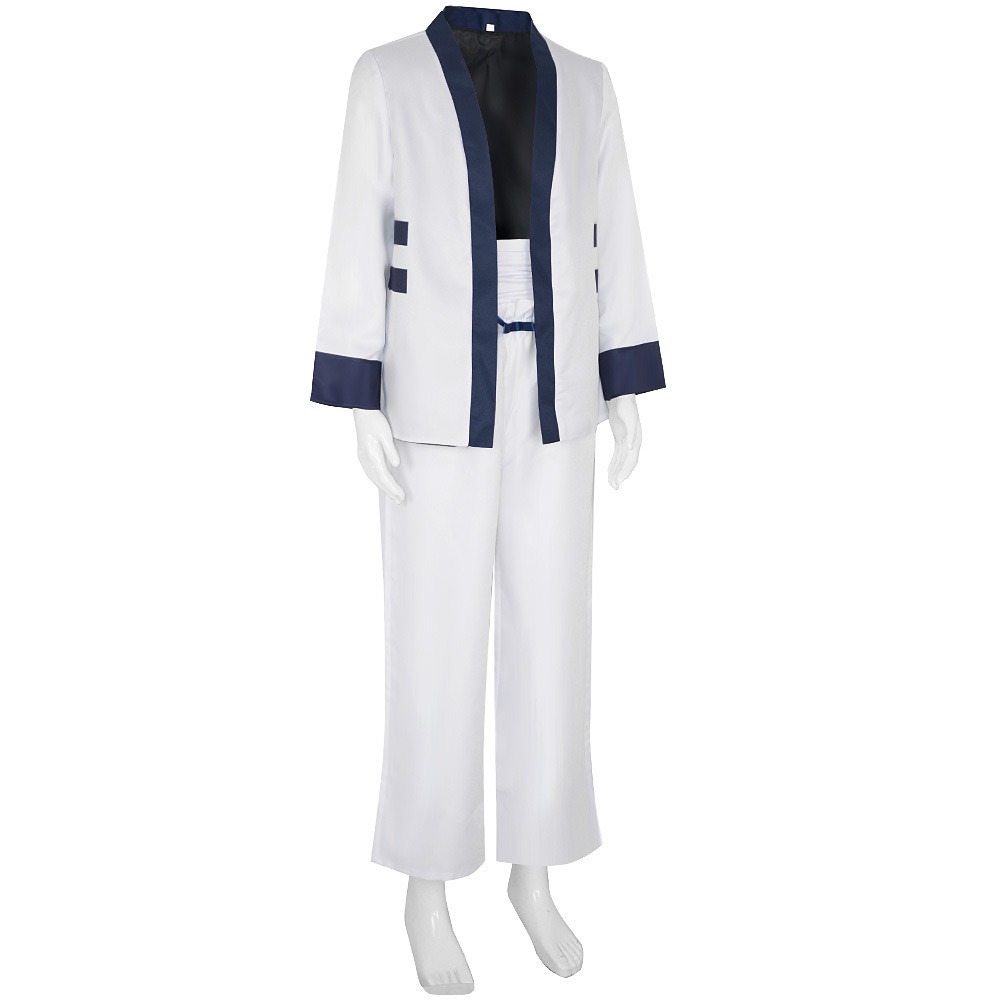 Sagara Sanosuke Rurouni Kenshin costume front view with white jacket, trousers, sash and red headband