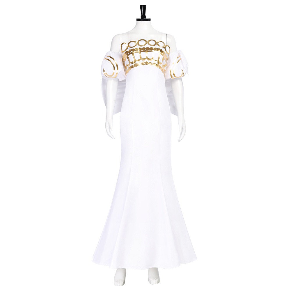 Princess Serenity white mermaid gown with gold circle bodice and puff sleeves