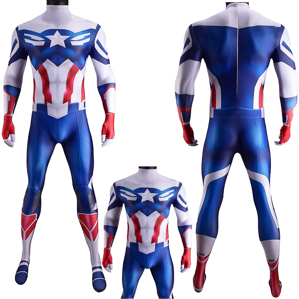 White, blue and red Sam Wilson Captain America cosplay jumpsuit from The Falcon and the Winter Soldier