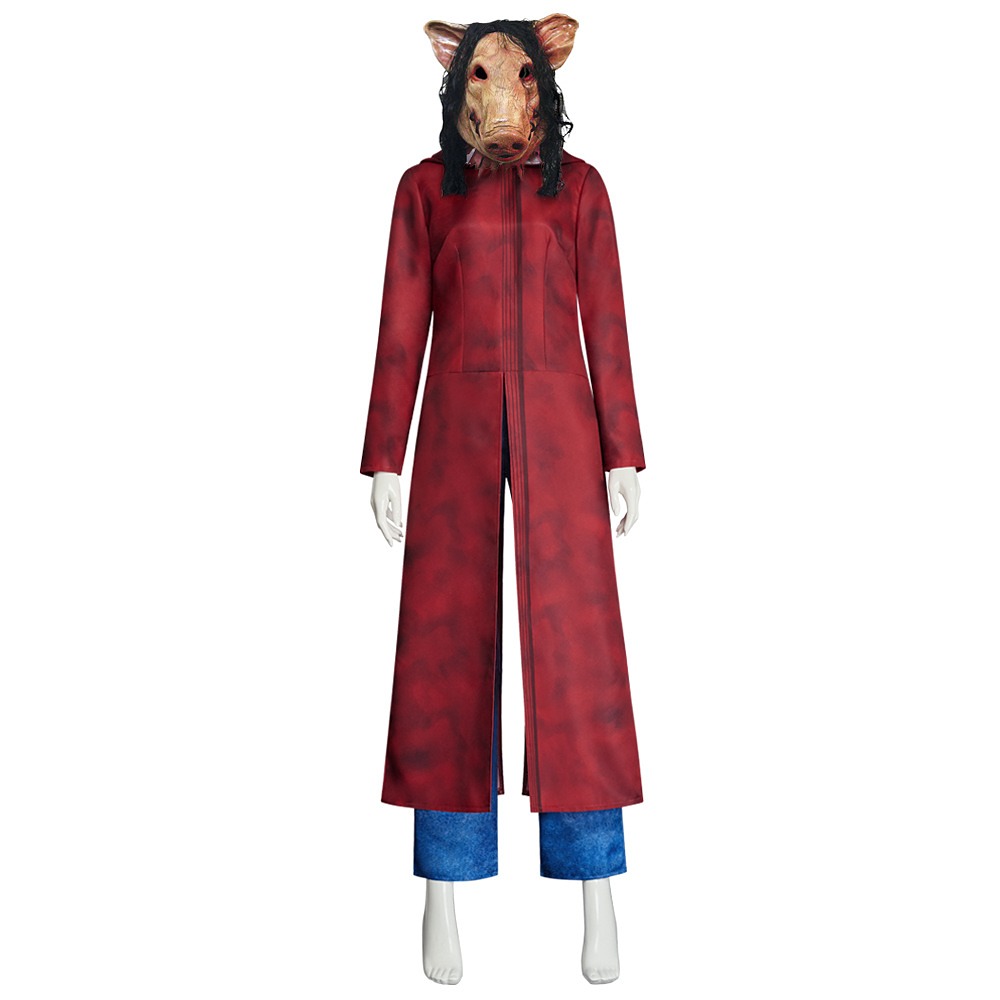 Saw Amanda Young costume with dark red hooded robe, jeans and pig mask