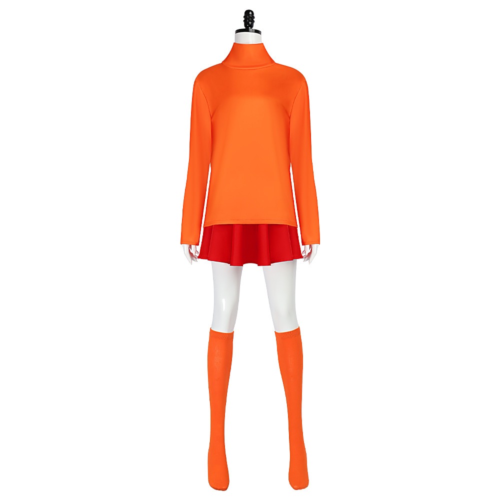 Front view of the Scooby-Doo Velma Dinkley orange turtleneck and red pleated skirt costume