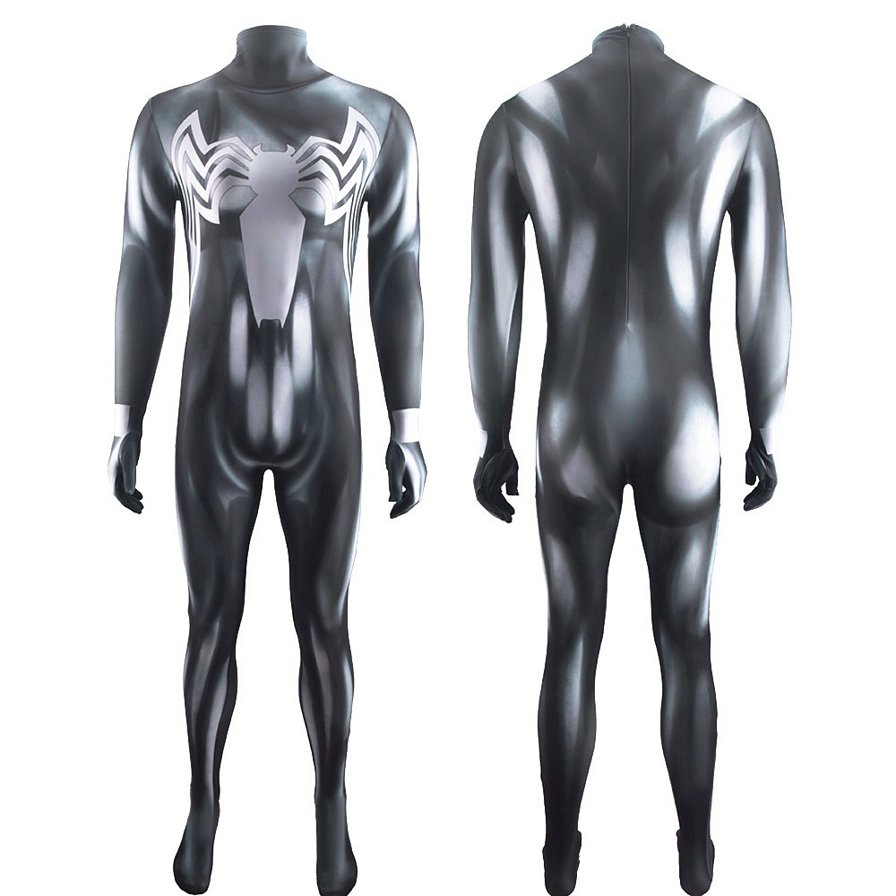 She-Venom black printed bodysuit with white symbiote spider shown from front and back
