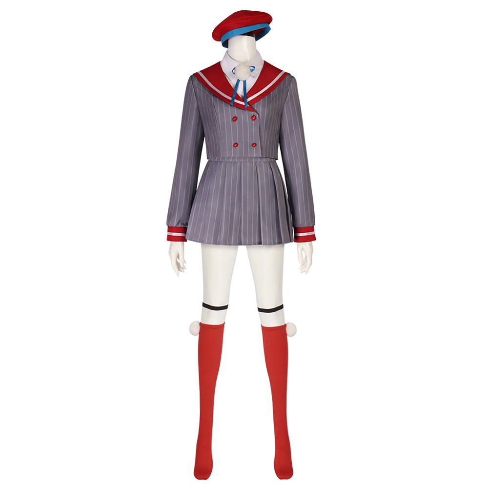Shigure Ui cosplay uniform with grey pinstripe jacket, red sailor collar, blue ribbon tie and red beret