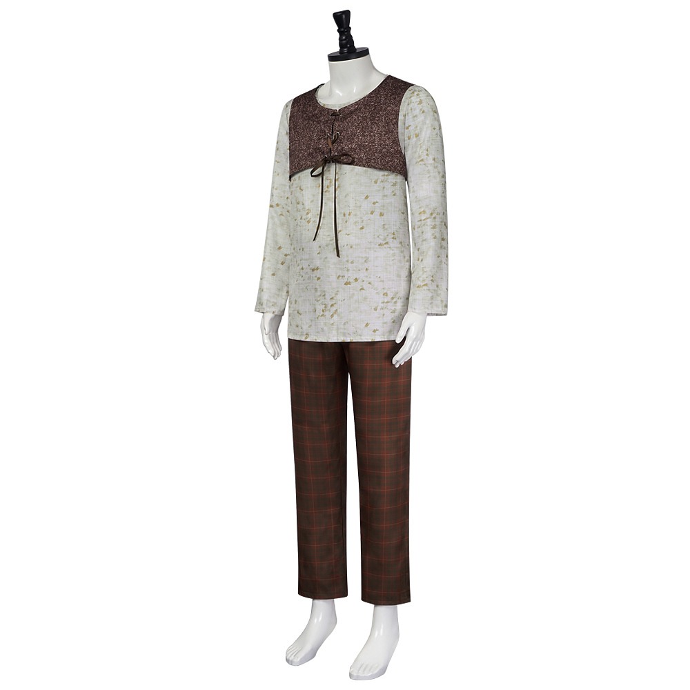 Shrek cosplay costume with lace-up vest, tunic, plaid trousers and knit ogre ears hat