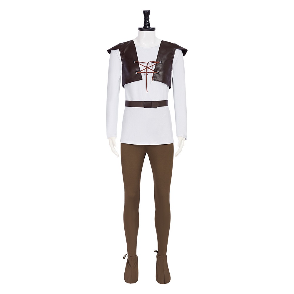 Shrek costume with brown faux leather lace-up vest, white shirt, belt, pants and shoe covers