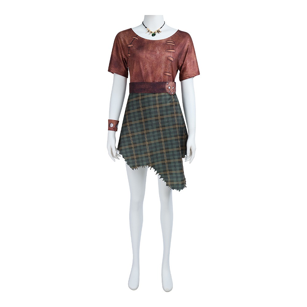 Princess Fiona ogre costume with brown stitched top, green plaid skirt, belt, necklace and bracelet
