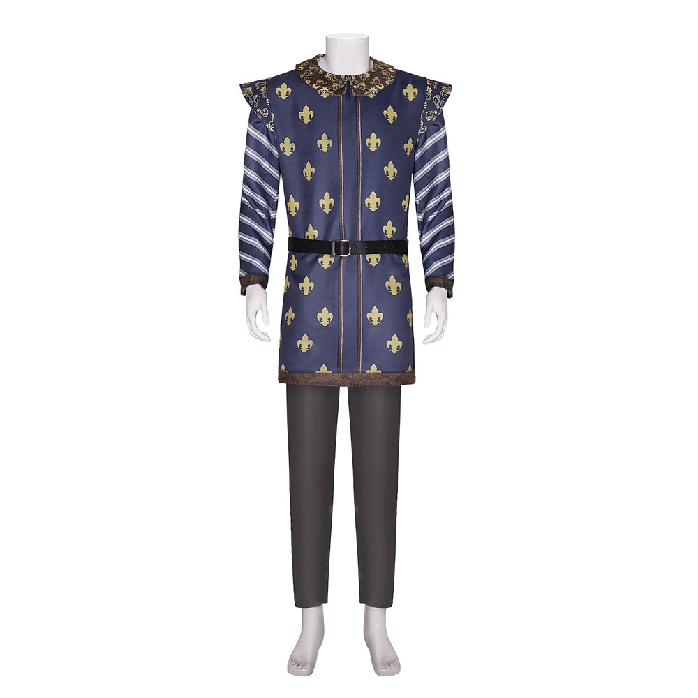 Shrek Prince Charming costume with navy gold fleur-de-lis tunic, striped sleeves, grey trousers and belt