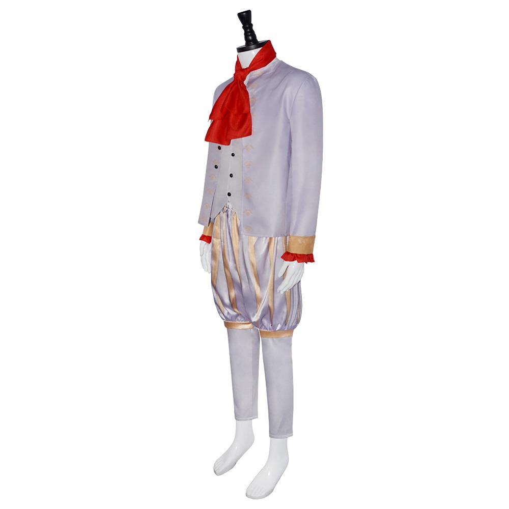 Shrek Forever After Rumpelstiltskin costume with lilac coat, vest, striped puff trousers and red cravat