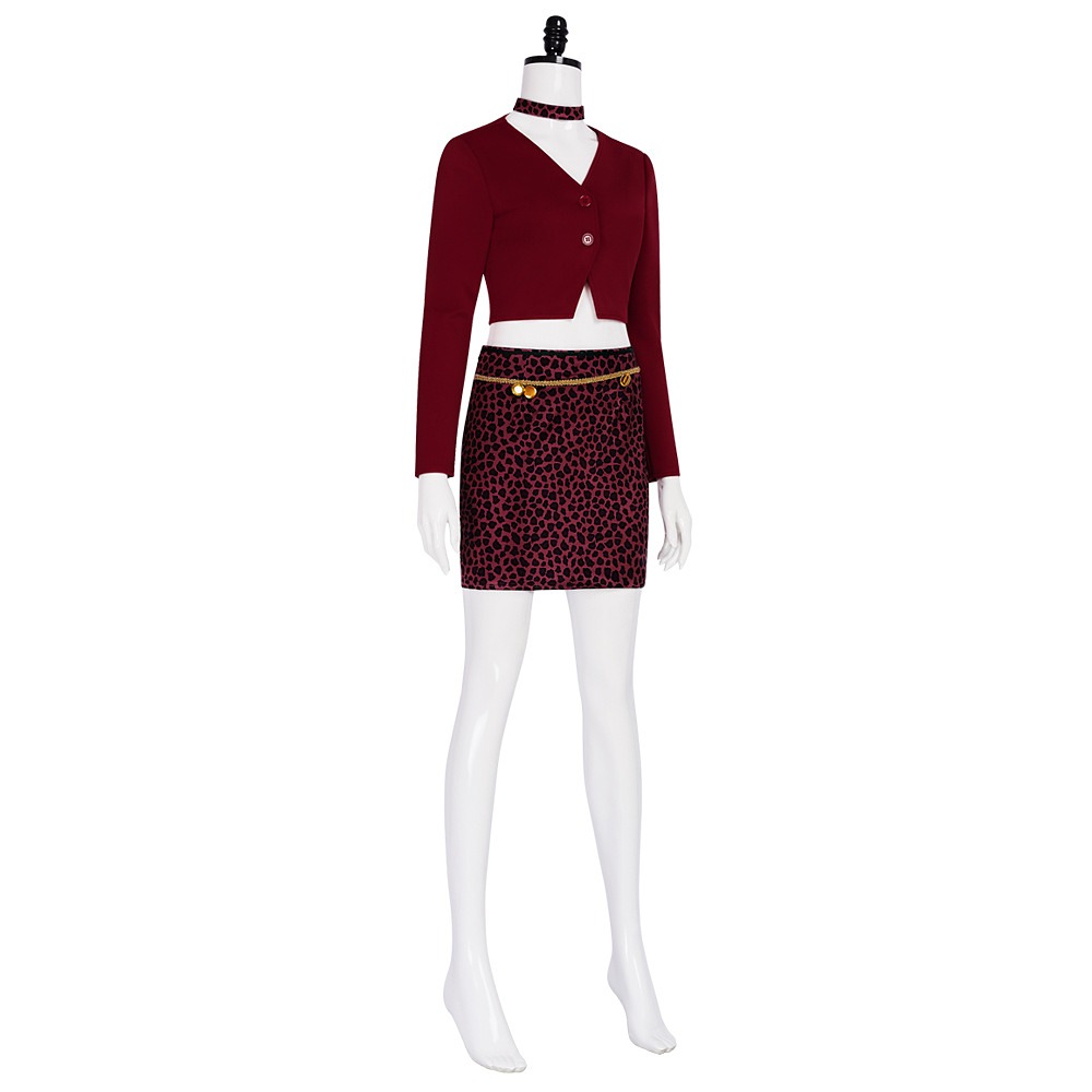 Silent Hill 2 Maria costume with burgundy cropped cardigan, leopard-print skirt, gold chain and choker