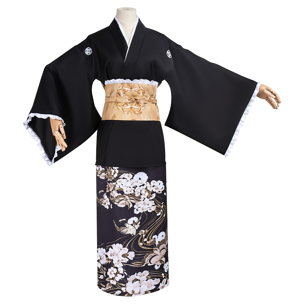 Silent Hill f Hinako Shimizu black floral kimono cosplay costume with obi and mask