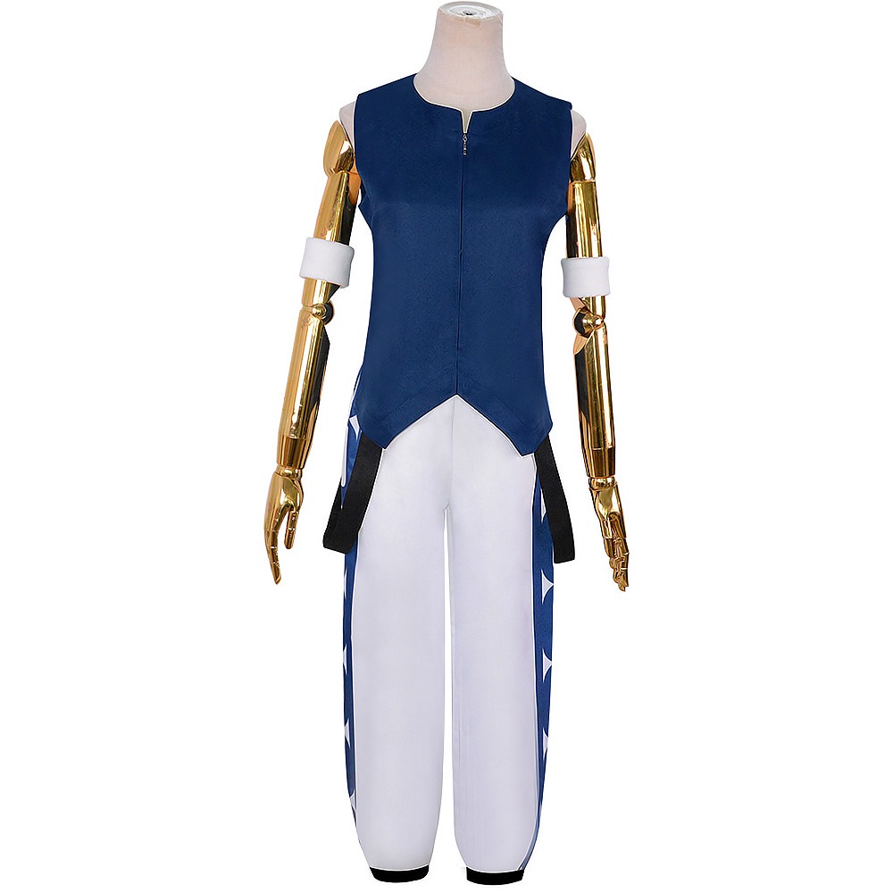 Rimuru Tempest cosplay costume with navy blue zip vest, patterned white pants and white arm cuffs
