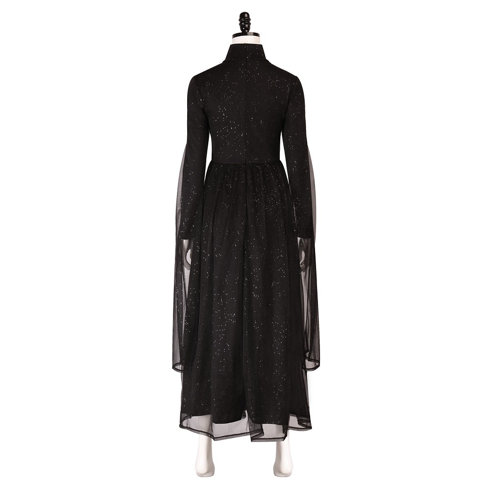 Snow White 2025 Evil Queen black sequined gown with sheer flared sleeves, hood and crown