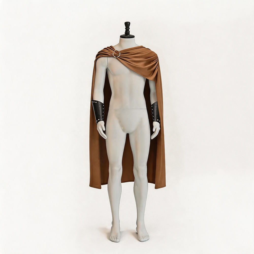 Brown Spartan Warrior velvet shoulder cape with ring clasp and black arm bracers