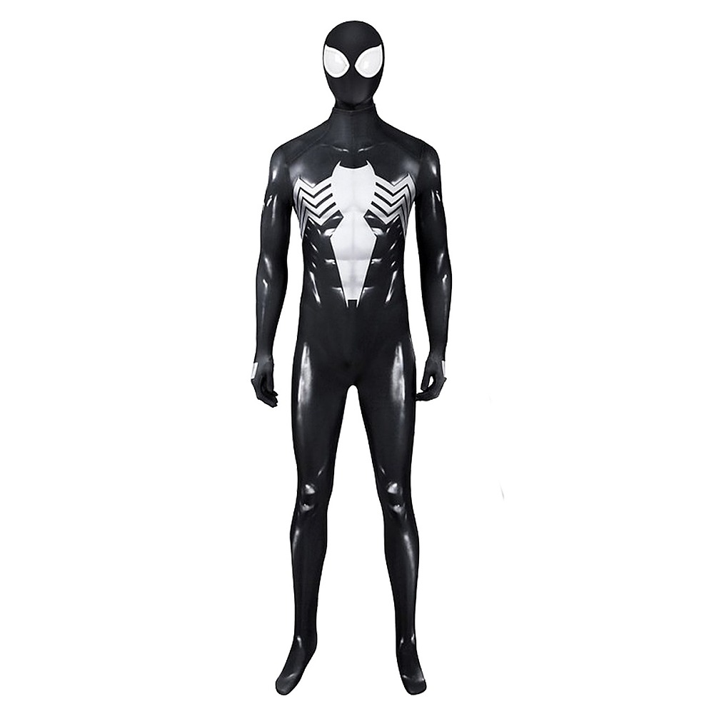 Peter Parker Classic Black Suit glossy cosplay jumpsuit and hood with a large white chest spider
