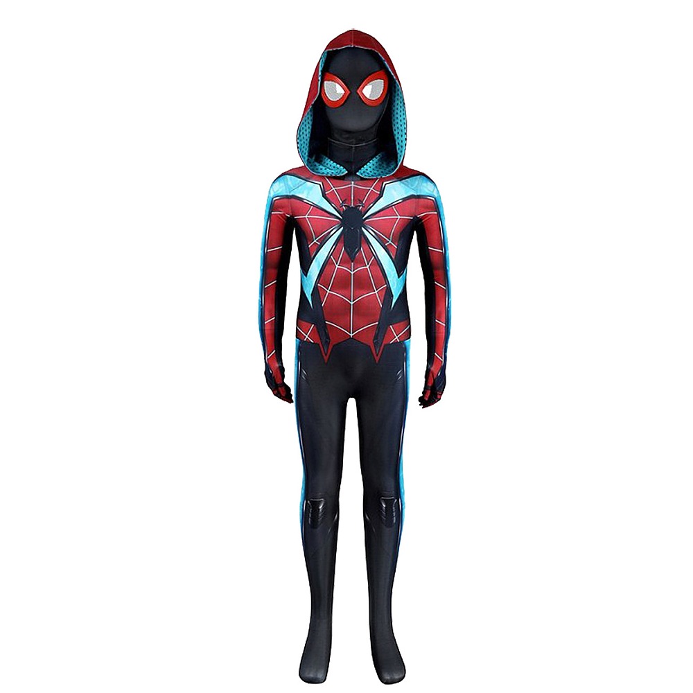 Miles Morales Evolved Suit cosplay jumpsuit with open hood, cyan streaks and black spider on a red chest