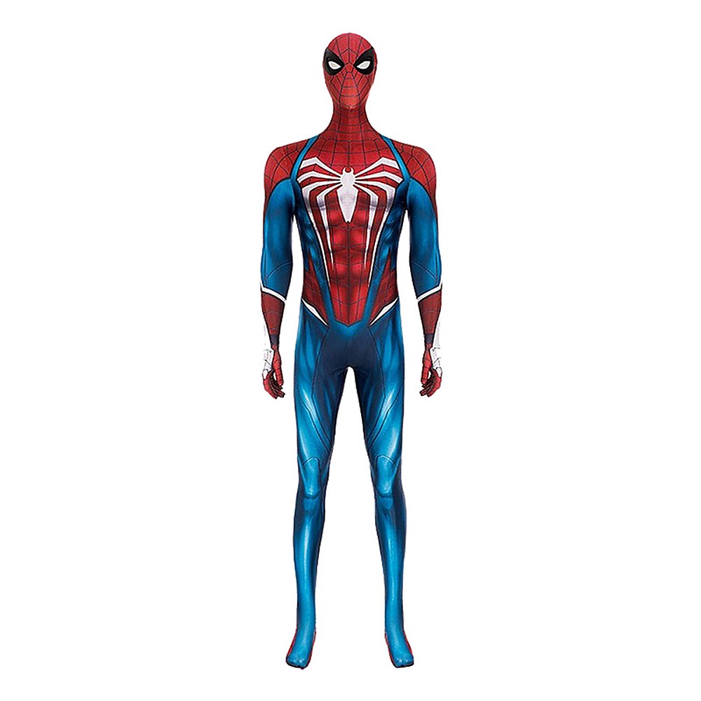 Peter Parker red and bright blue Marvel's Spider-Man 2 cosplay jumpsuit with hood and white spider design