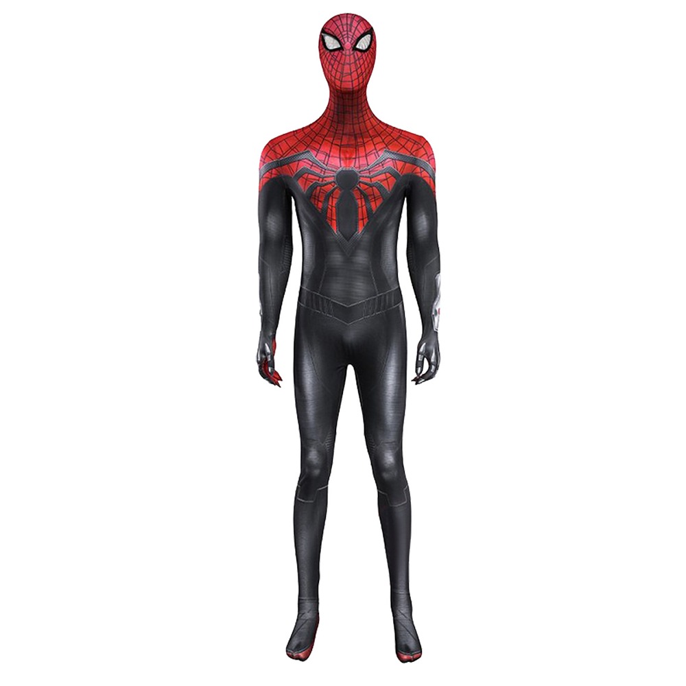 Spider-Man 2 Peter Parker Superior Suit cosplay bodysuit with a red webbed upper body and black base