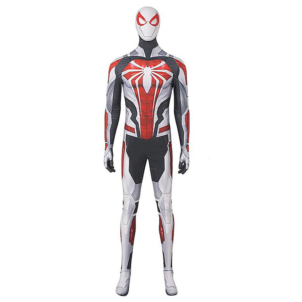 Spider-Man PS4 White Armor cosplay jumpsuit with red chest, large white spider and white mask