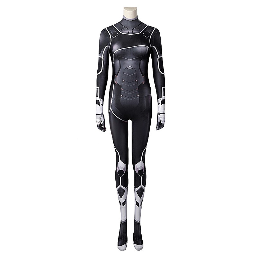 Black Cat The Heist cosplay jumpsuit in black with white panels and silver lines