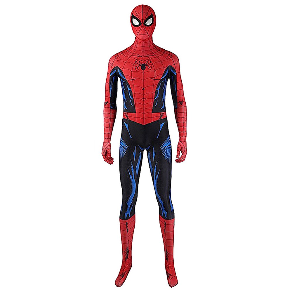 Spider-Man Vintage Comic Book Suit adult jumpsuit and mask with red and black-blue ink-style print