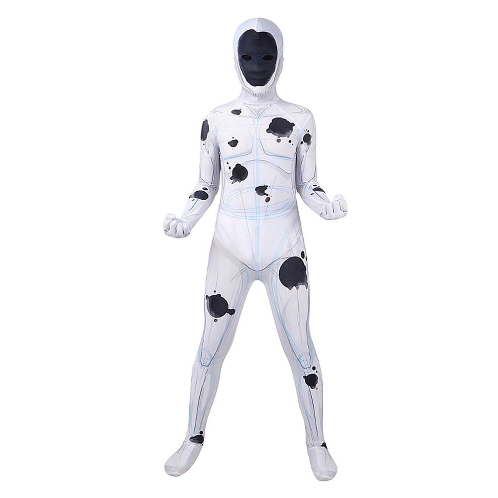 The Spot kids cosplay jumpsuit with white base, gray-blue sketch lines, black ink-blot spots and black-face hood