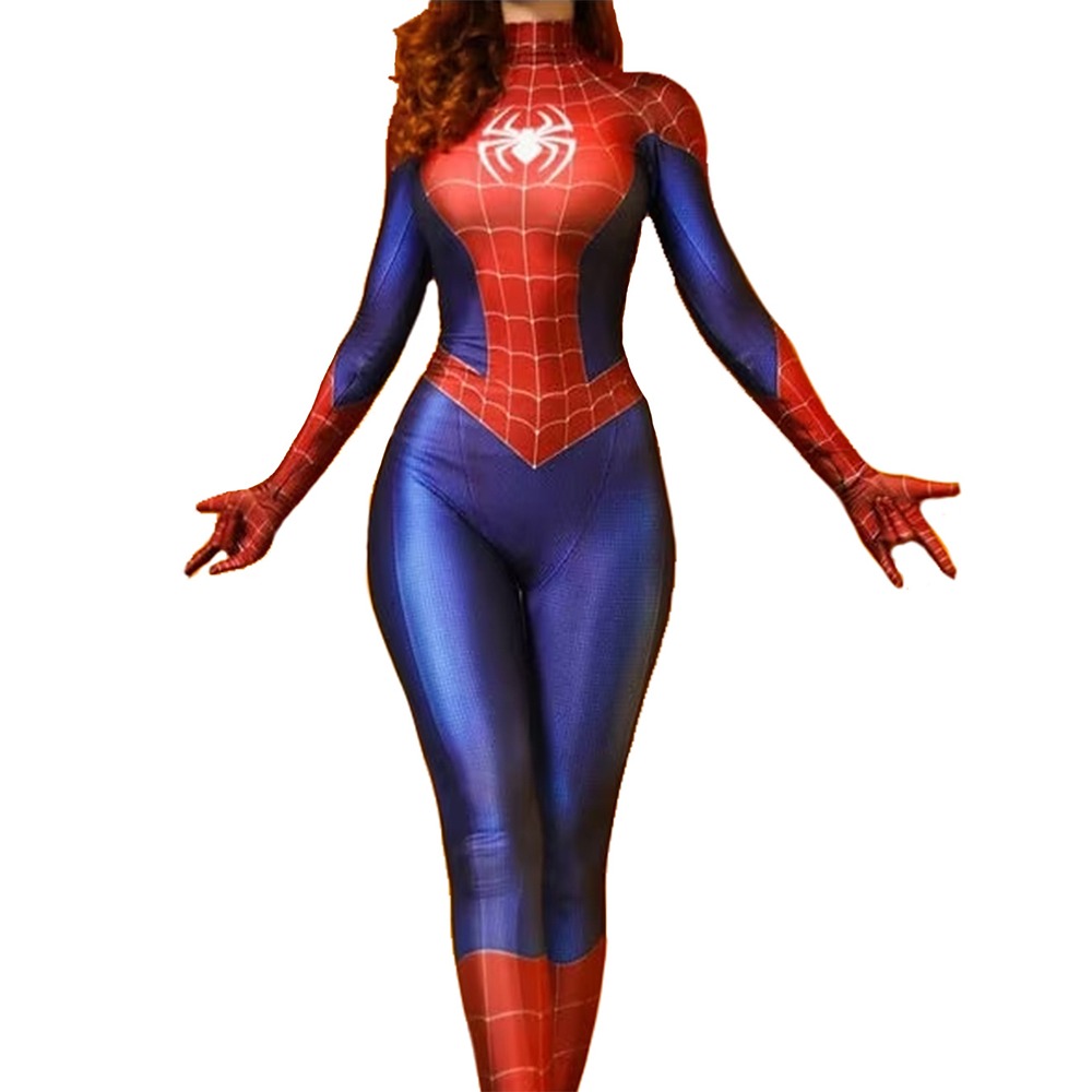 Spider-Woman red and blue cosplay jumpsuit with black web lines and a white chest spider
