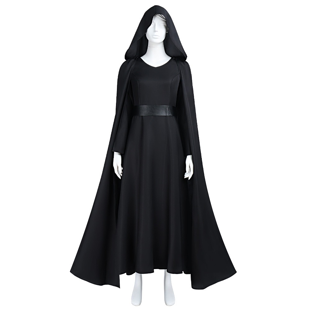 Dark Rey cosplay costume with black hooded cloak, long black dress and belt
